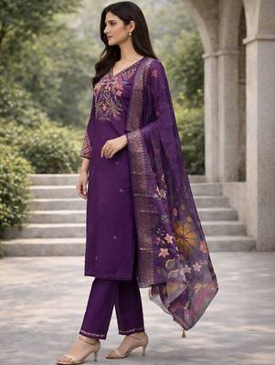 Women floral embroidered regular thread work kurta with trousers & with dupatta 3