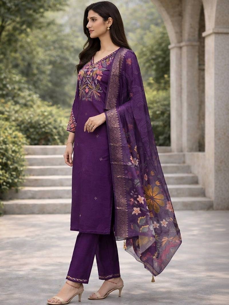 Women floral embroidered regular thread work kurta with trousers & with dupatta