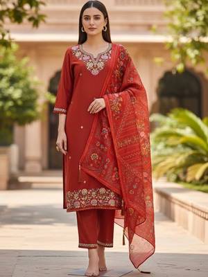 Women ethnic motifs embroidered regular thread work kurta with trousers & with dupatta 1