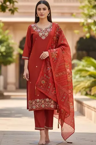 Women ethnic motifs embroidered regular thread work kurta with trousers & with dupatta