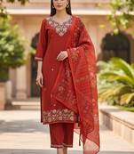 Women ethnic motifs embroidered regular thread work kurta with trousers & with dupatta