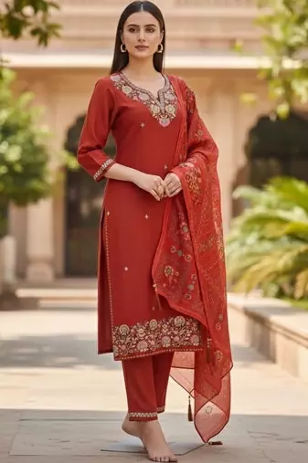 Women ethnic motifs embroidered regular thread work kurta with trousers & with dupatta