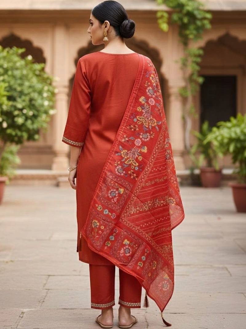 Women ethnic motifs embroidered regular thread work kurta with trousers & with dupatta