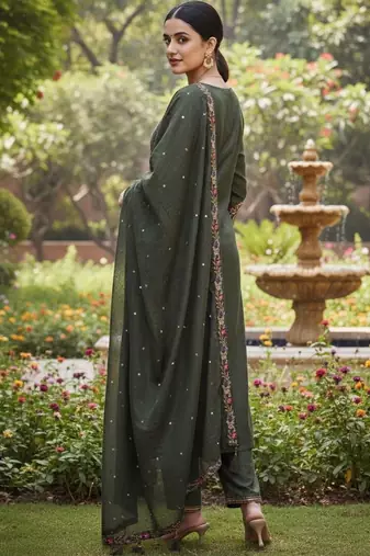 Women ethnic motifs embroidered regular thread work kurta with trousers & with dupatta