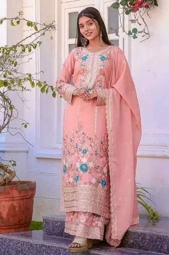 Peach Embroidery And sequin Work Silk Blend Salwar Suit