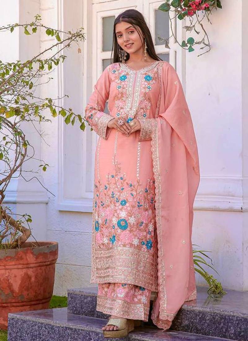 Peach Embroidery And sequin Work Silk Blend Salwar Suit