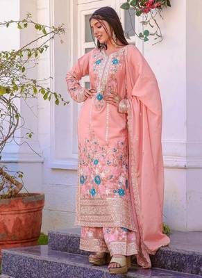 Peach Embroidery And sequin Work Silk Blend Salwar Suit 2