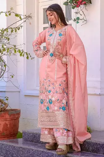 Peach Embroidery And sequin Work Silk Blend Salwar Suit