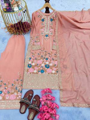 Peach Embroidery And sequin Work Silk Blend Salwar Suit 3