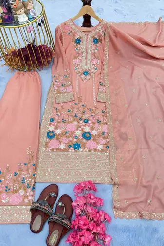 Peach Embroidery And sequin Work Silk Blend Salwar Suit