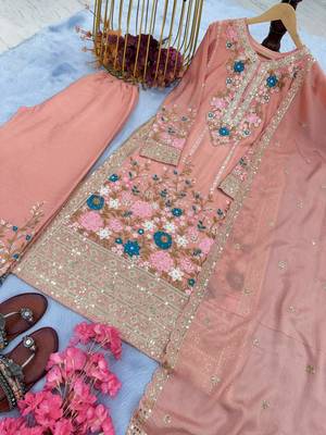 Peach Embroidery And sequin Work Silk Blend Salwar Suit 4