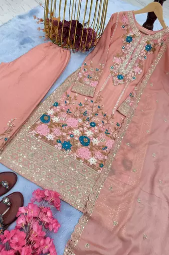 Peach Embroidery And sequin Work Silk Blend Salwar Suit