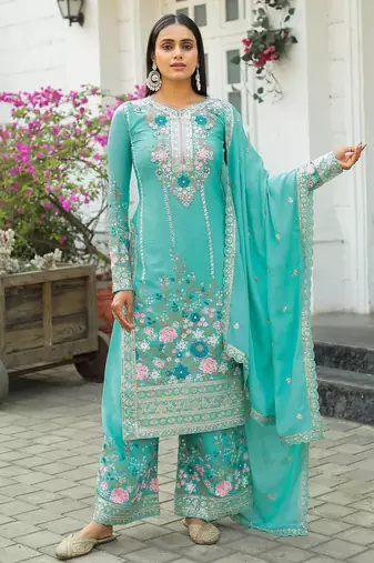 Sky Blue Embroidery And sequin Work Silk Blend Salwar Suit