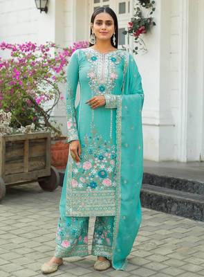 Sky Blue Embroidery And sequin Work Silk Blend Salwar Suit 2