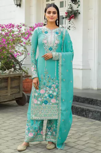 Sky Blue Embroidery And sequin Work Silk Blend Salwar Suit
