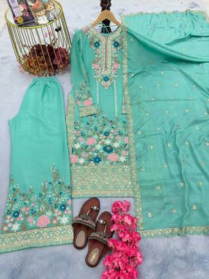 Sky Blue Embroidery And sequin Work Silk Blend Salwar Suit 3