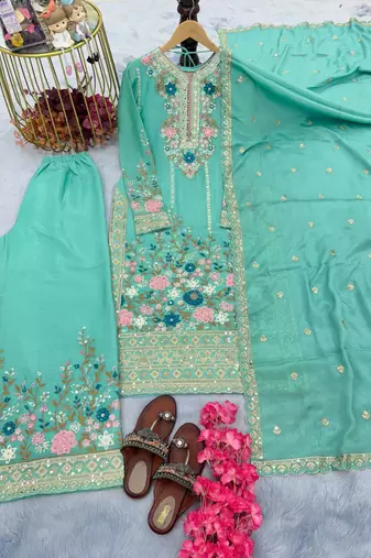 Sky Blue Embroidery And sequin Work Silk Blend Salwar Suit