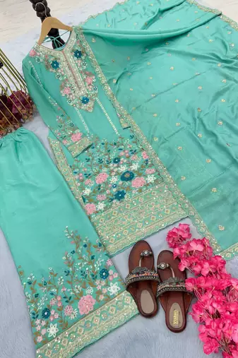 Sky Blue Embroidery And sequin Work Silk Blend Salwar Suit