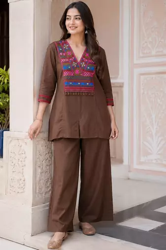 Women’s Brown Embroidered Kurta & Palazzo CORED SET 