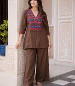 Women’s Brown Embroidered Kurta & Palazzo CORED SET 