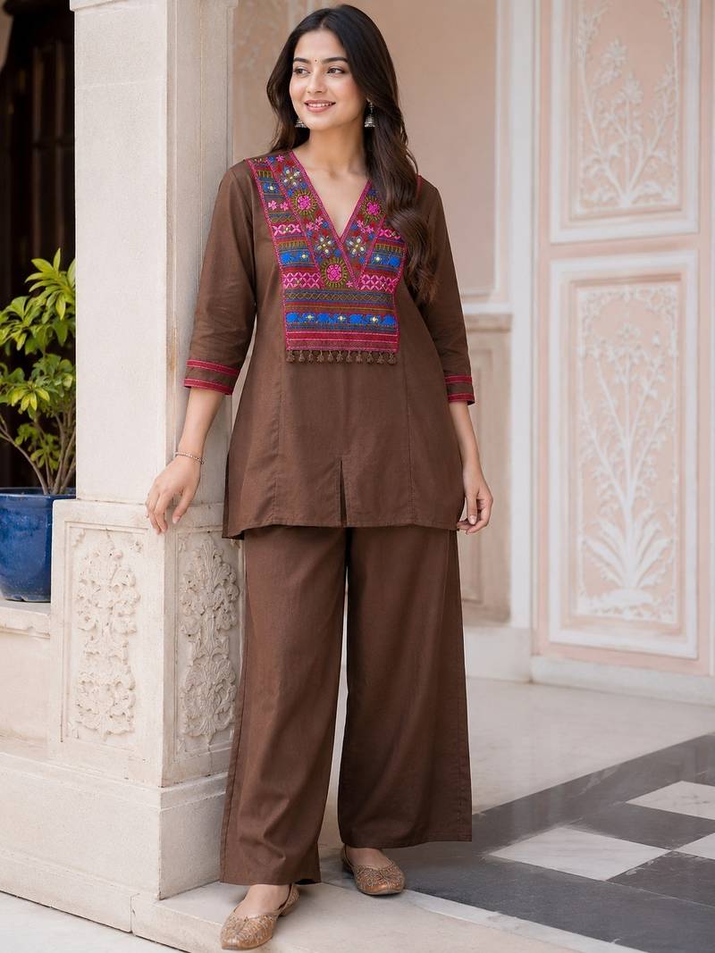 Women’s Brown Embroidered Kurta & Palazzo CORED SET 