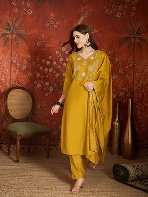 Elegant mustard yellow roman embroidered kurti pant set 1