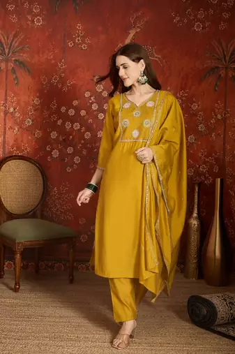 Elegant mustard yellow roman embroidered kurti pant set