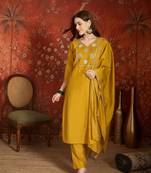 Elegant mustard yellow roman embroidered kurti pant set