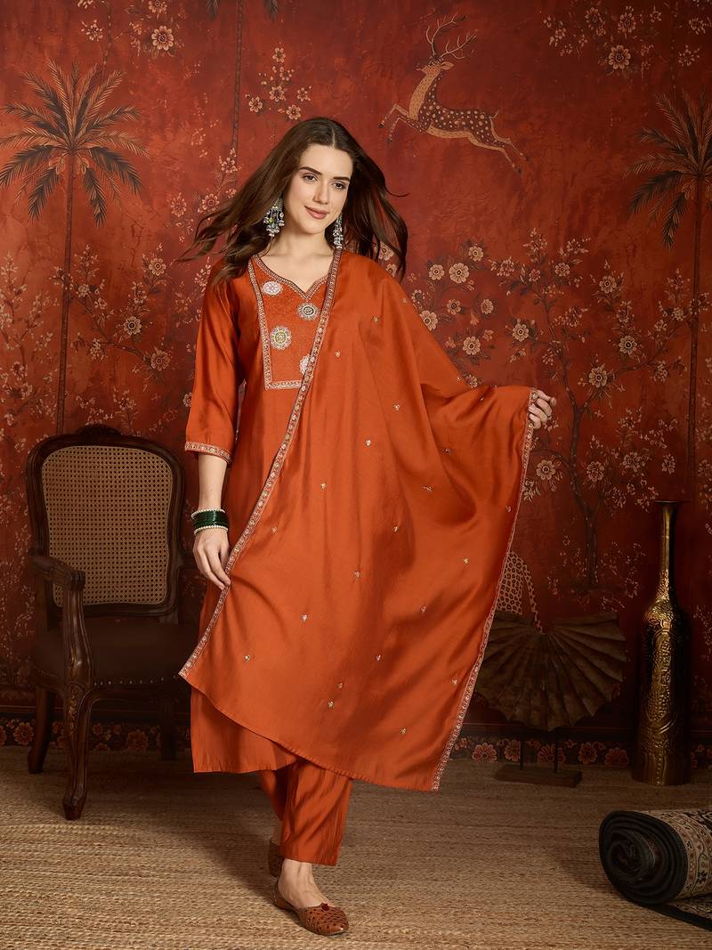 Elegant orange roman embroidered kurti pant set