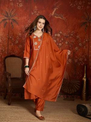 Elegant orange roman embroidered kurti pant set 1