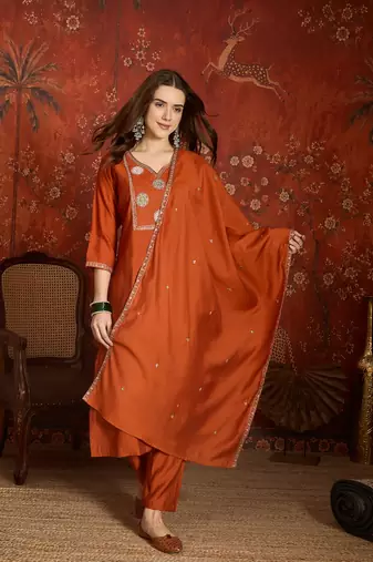 Elegant orange roman embroidered kurti pant set