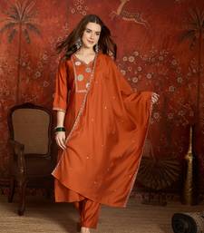 Elegant orange roman embroidered kurti pant set