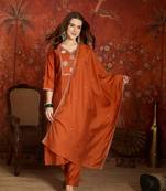 Elegant orange roman embroidered kurti pant set
