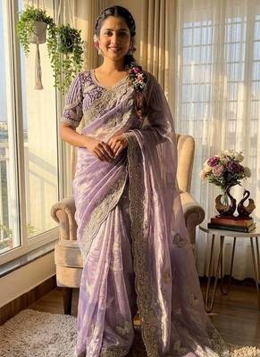 Lavender Color Sequance and Zari Embroidery Work Satin Saree 1