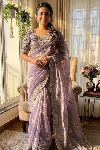 Lavender Color Sequance and Zari Embroidery Work Satin Saree