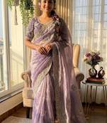 Lavender Color Sequance and Zari Embroidery Work Satin Saree