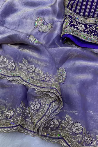 Lavender Color Sequance and Zari Embroidery Work Satin Saree
