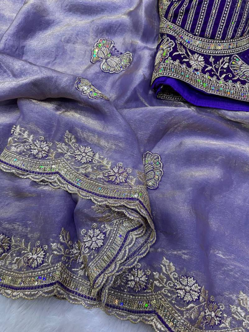Lavender Color Sequance and Zari Embroidery Work Satin Saree
