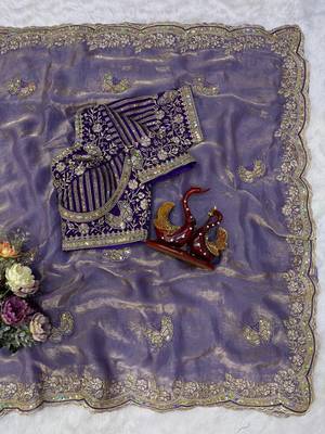 Lavender Color Sequance and Zari Embroidery Work Satin Saree 3