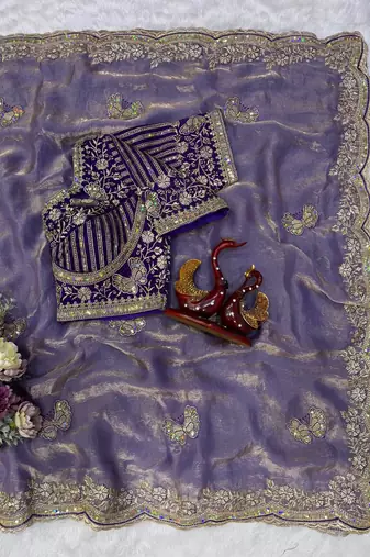 Lavender Color Sequance and Zari Embroidery Work Satin Saree