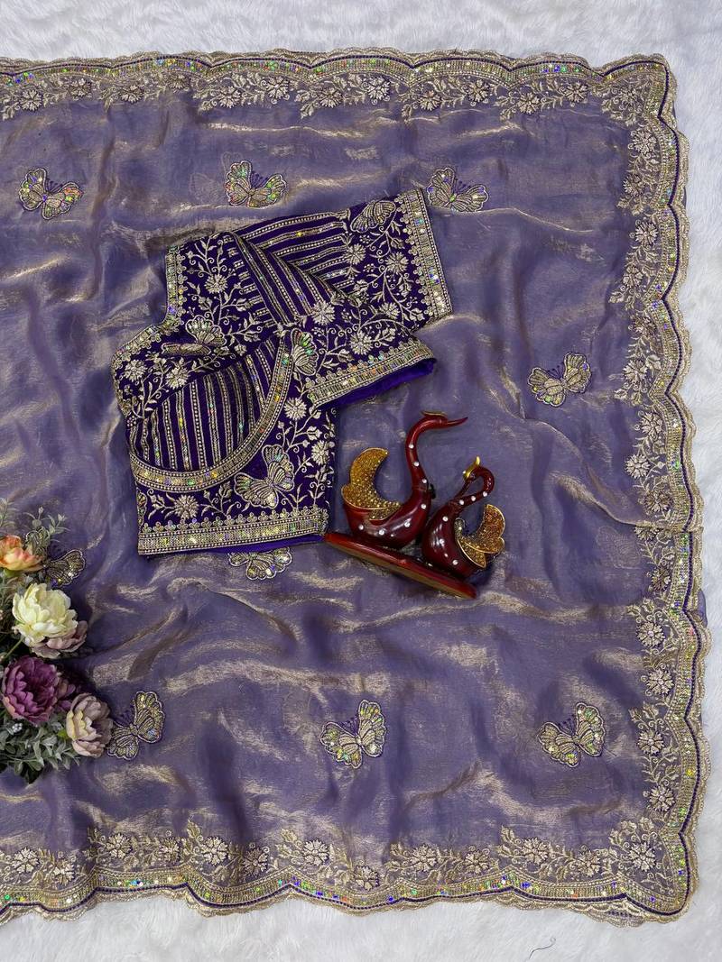 Lavender Color Sequance and Zari Embroidery Work Satin Saree