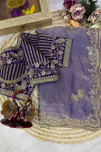 Lavender Color Sequance and Zari Embroidery Work Satin Saree