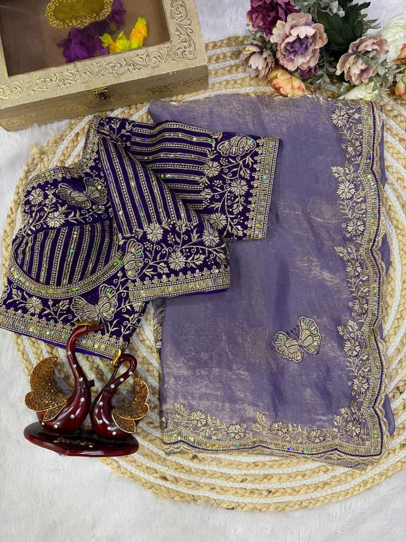 Lavender Color Sequance and Zari Embroidery Work Satin Saree