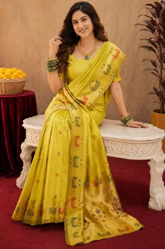 Parrot soft silk blend banarasi jacuard work pethani saree with unstitched blouse piece