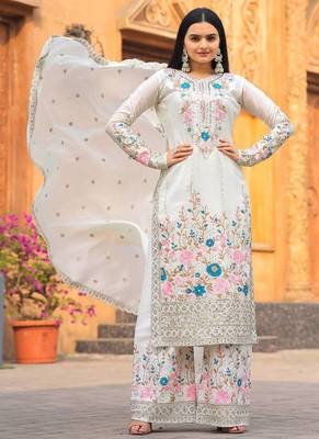 White Embroidery And sequin Work Silk Blend Salwar Suit 1