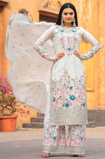 White Embroidery And sequin Work Silk Blend Salwar Suit