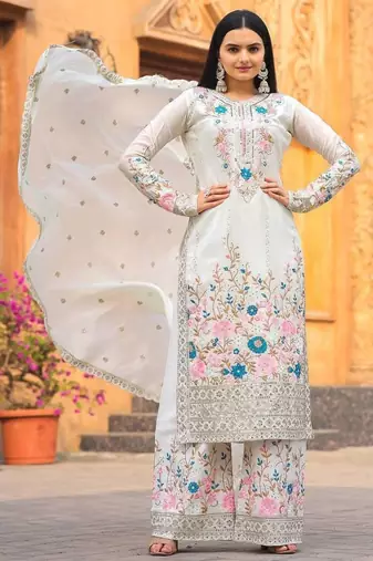 White Embroidery And sequin Work Silk Blend Salwar Suit