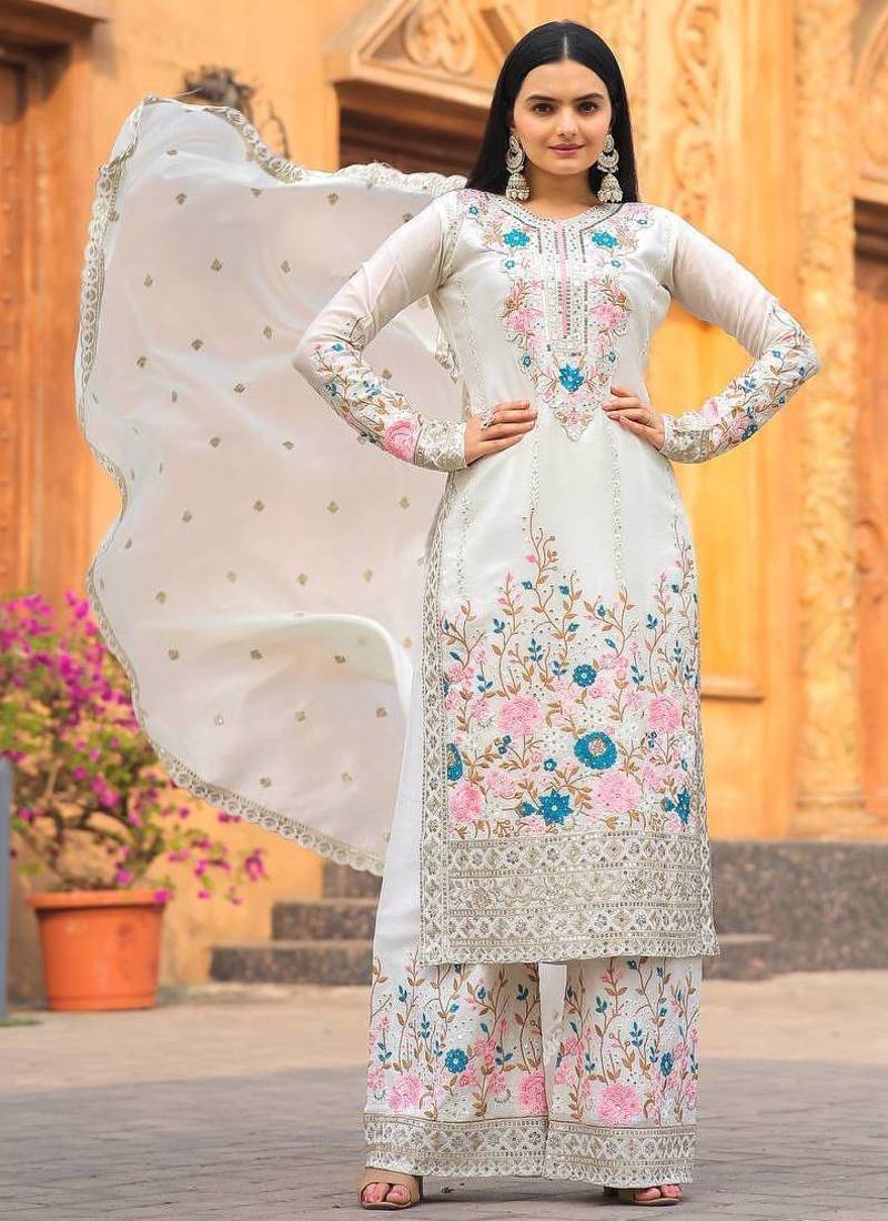 White Embroidery And sequin Work Silk Blend Salwar Suit