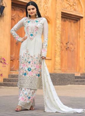 White Embroidery And sequin Work Silk Blend Salwar Suit 2