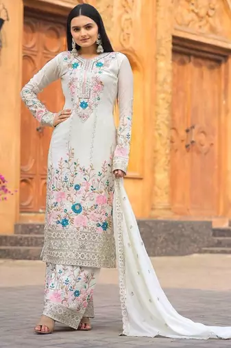 White Embroidery And sequin Work Silk Blend Salwar Suit